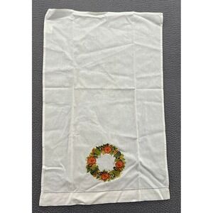 Vintage White Cotton Tea Towel Embroidered Pumpkin Gourd Harvest Wreath 16x25